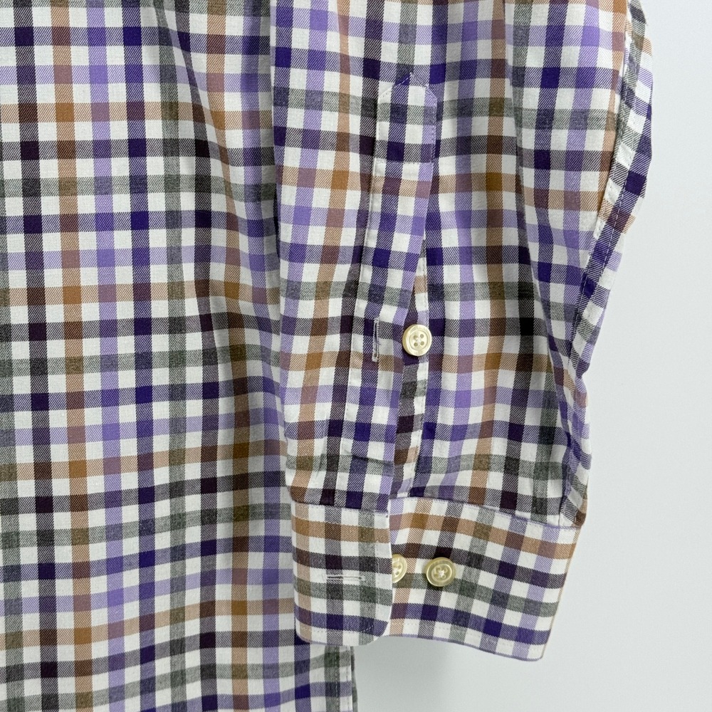 Orvis Country Twill Plaid Button Down Shirt Mens Large Purple Tan Made Portugal - Picture 12 of 16